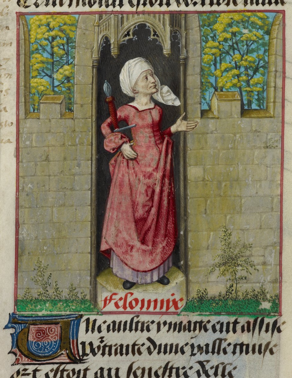 Detalj av en miniatyr av den allegoriske figuren til Feloniye (Forbrytelse), i den første kolonnen av folioen, fra 