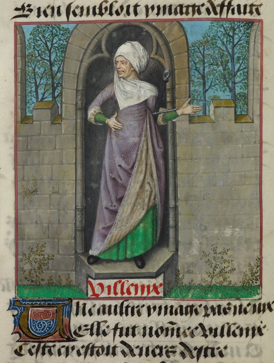 Detalj av en miniatyr av den allegoriske figuren til Vilenie (Villainy), i den andre kolonnen av folioen, fra 
