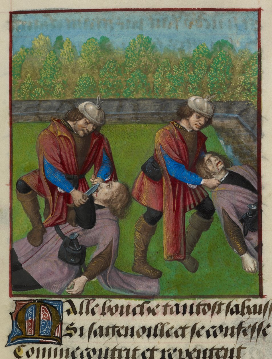 Detalj av en miniatyr som viser Abstinence Contrainte (Forced Abstinence) og Faux Semblant (False Seeming) som dreper Malebouche (Evil Tongue) og kutter tungen hans, fra 