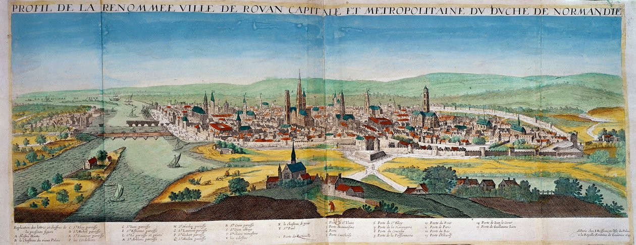 Detaljert utsikt over byen Rouen i Normandie. Gravering fra 1600-tallet. Paris B.N. av Unknown artist