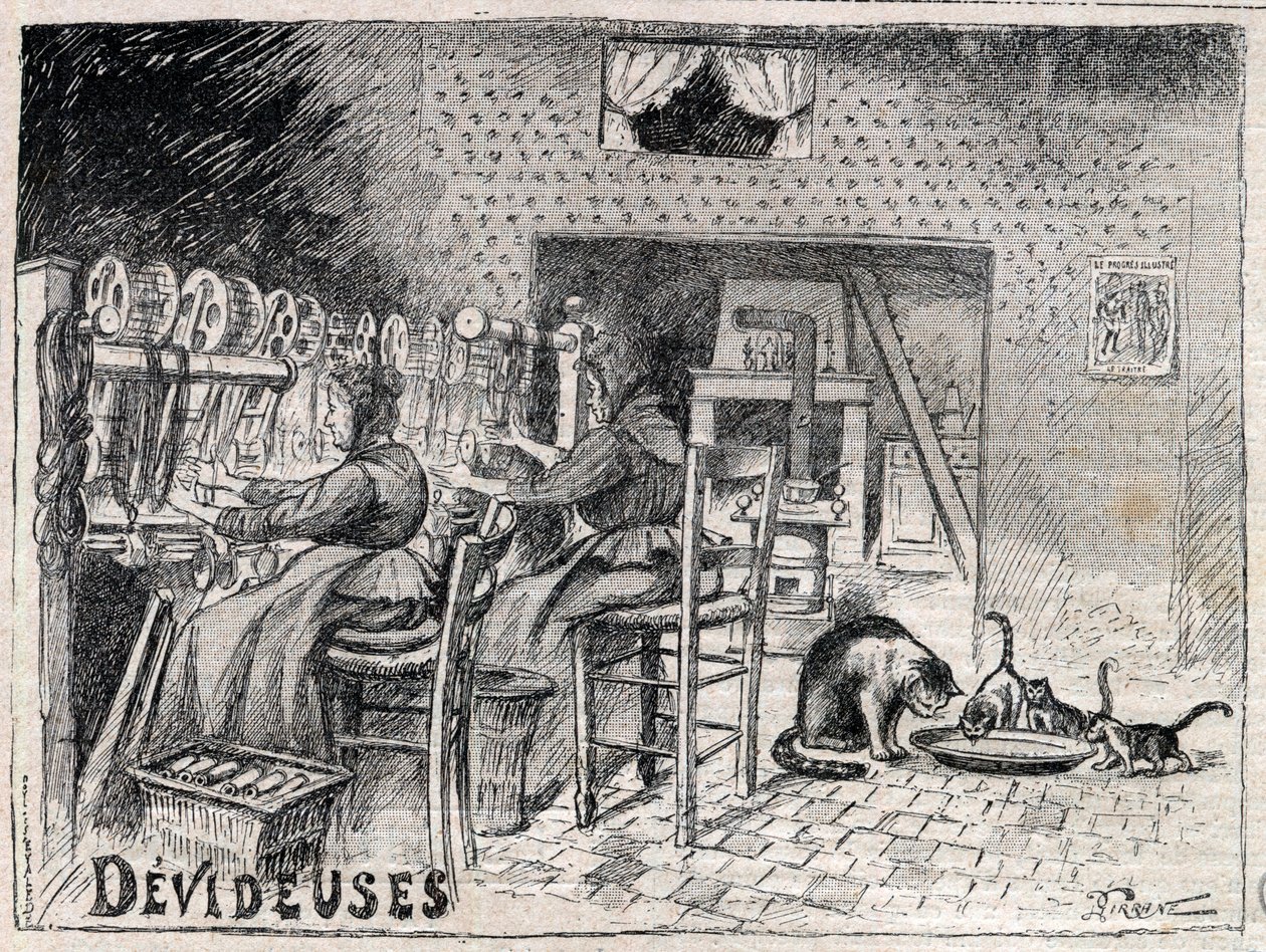 Devideuses - Atelier de Canut - interiør av et silkeveververksted i Lyon gravering i "Le Progres illustrious"" fra 1895 av Unknown artist