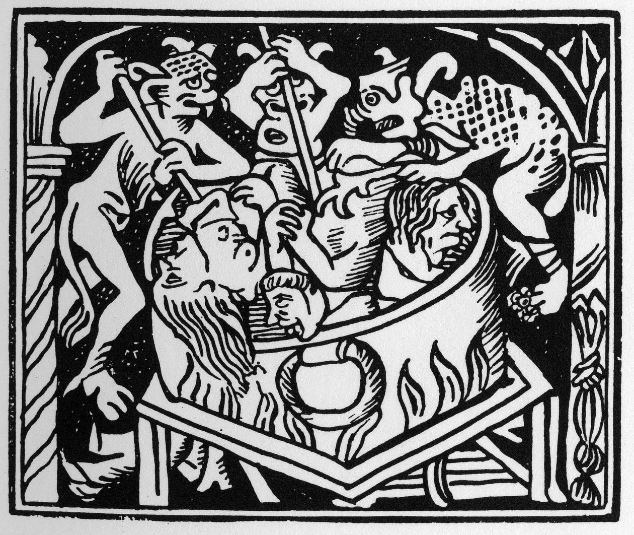 Djevler som plager de frodige i en brønn av ild og svovel - i "" Grand Calendrier et Compost des Bergers"", Lyon av Unknown artist
