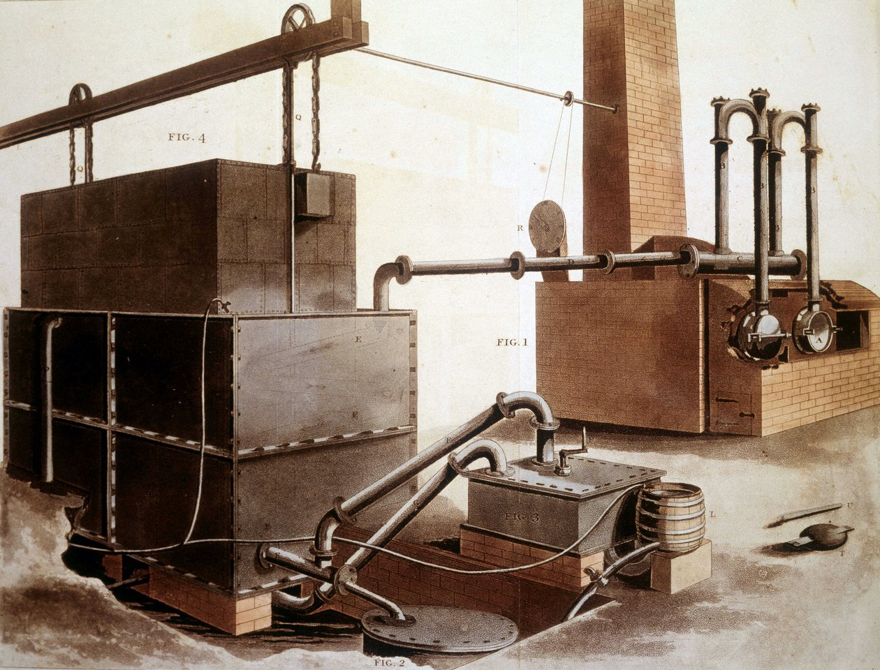 Diagram som forklarer produksjonen av kullgass, London 1815. av Unknown artist
