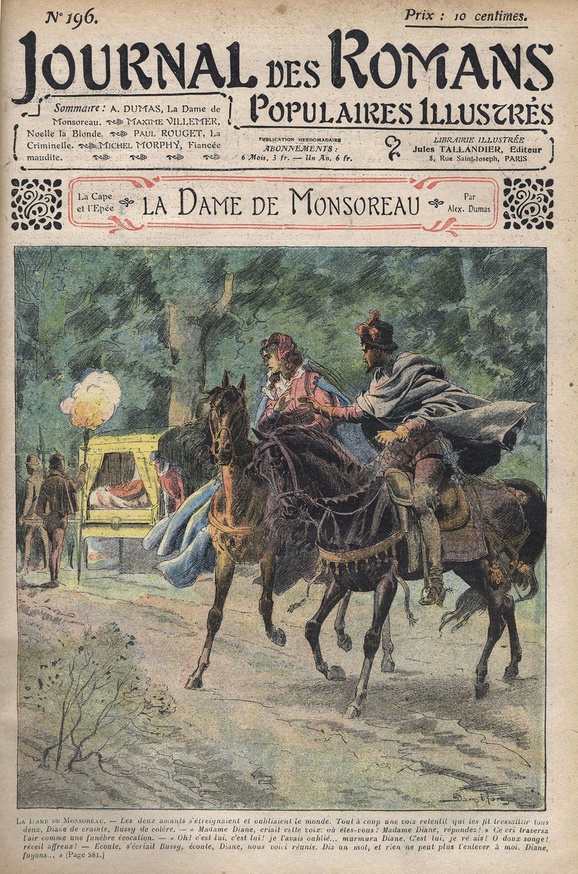 Diane called by her husband while riding on horseback with her lover Bussy. Illustration of the novel “" La Dame de Monsoreau” by Alexandre Dumas. In “" Journal of Illustrated Popular Novels "”. av Unknown artist