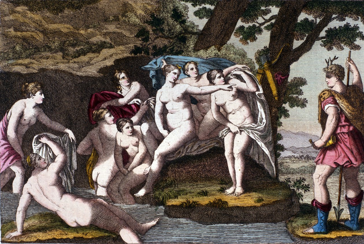 Diane fanget i badekaret av jegeren Acteon. Gravering fra “” Dizionario mitologico””” 1800-tallet av Unknown artist