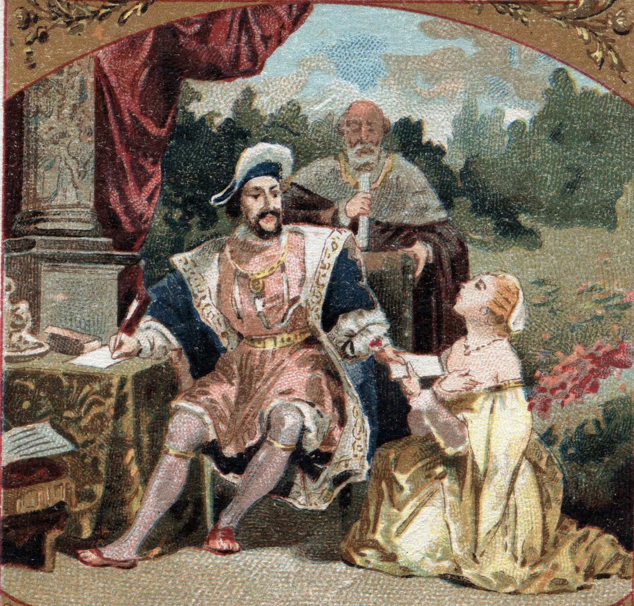 Diane de Poitiers (1499-1566) dame fra Breze, ved Chateau d'Anet (Eure-et-Loir) ber Francois I (1494-1547) om nåden til hennes overvunne far for å ha dyppet seg inn i de kriminelle rammene til konnetablen. av Bourbon. Kromolitografi av lat av Unknown artist