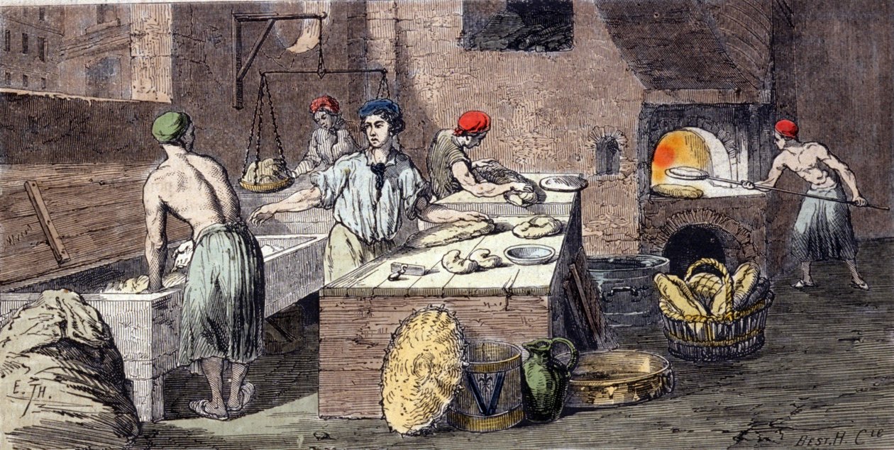 Ulike aktiviteter for bakere: peting av brøddeig, tilberedning av brød, baking. Gravering av 1800-tallet av Unknown artist