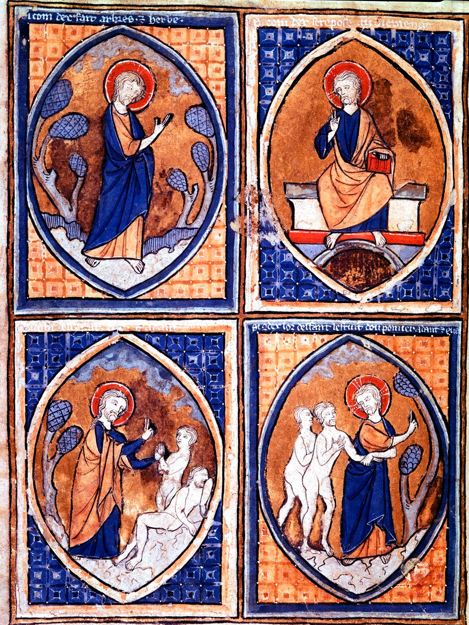 Ulike stadier av World Creation representert i mandorles. Miniatyr fra et manuskript fra 1200-tallet. Porto, kommunalt bibliotek av Unknown artist