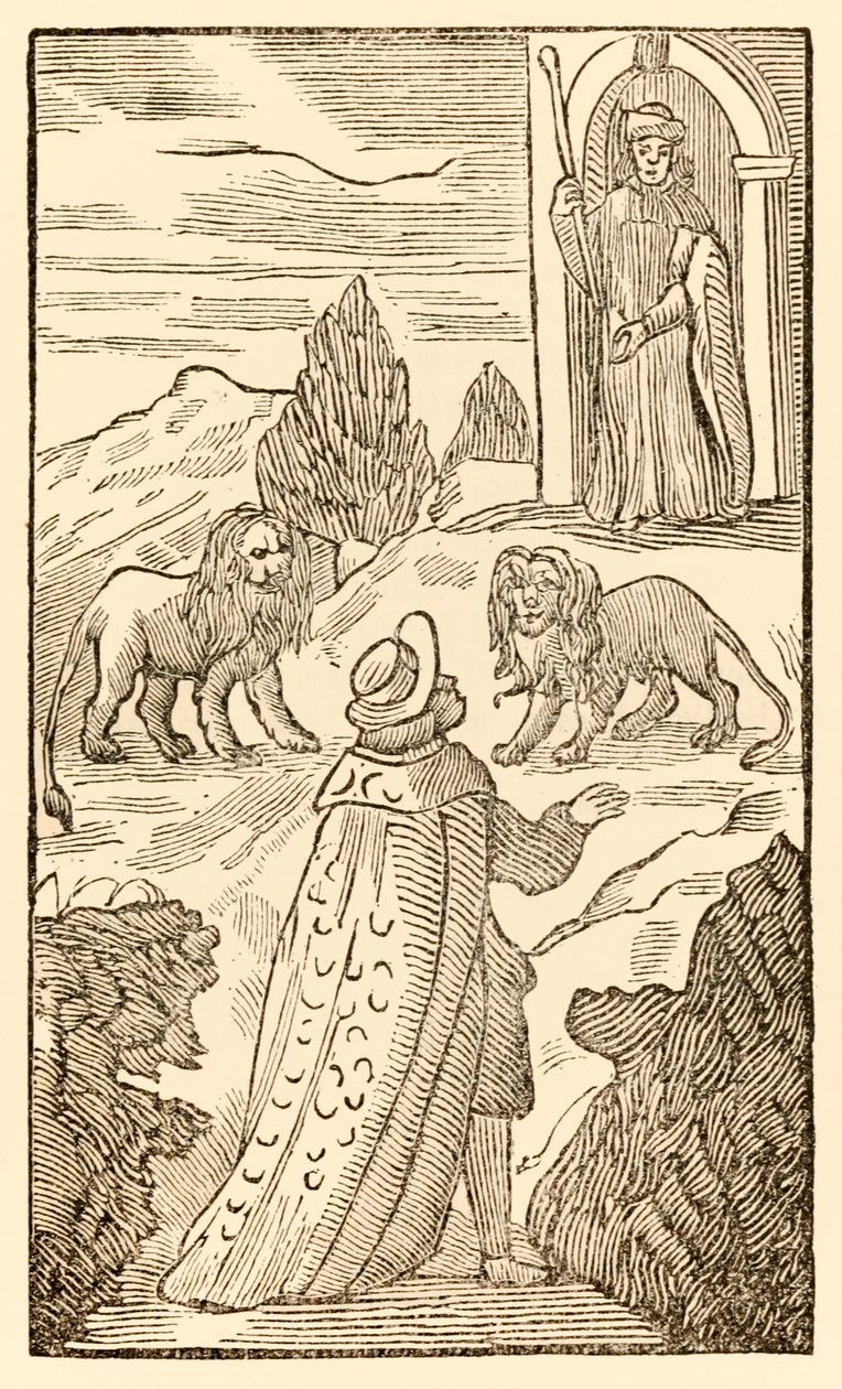 Vanskeligheten ligger bak, Frykt er før fra The Pilgrims Progress From This World, To That Who Is To Come av John Bunyan (1628-1688) Christian passerer mellom løvene mens Vakker portieren ser på av Unknown