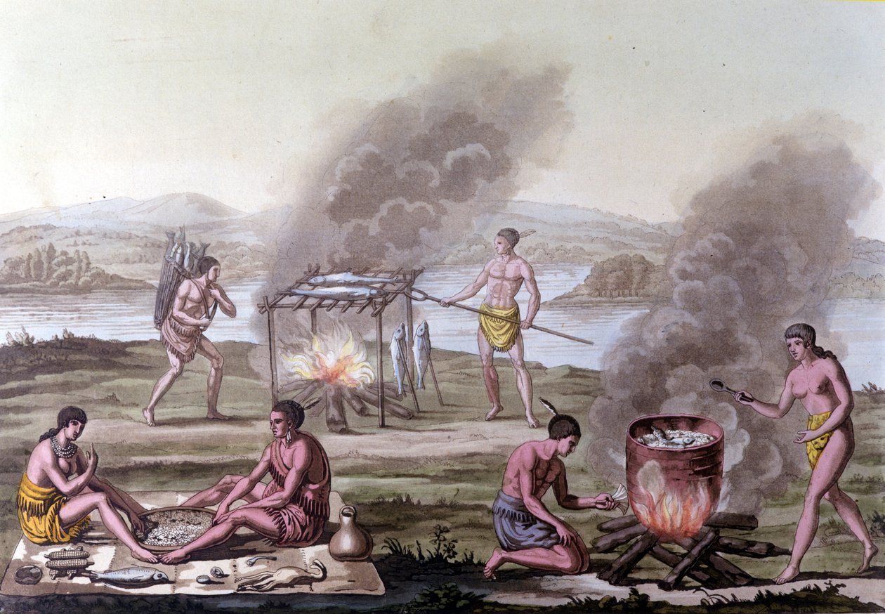Spise- og matlagingsscene blant Florida-indianerne. 1600-talls gravering. av Unknown artist