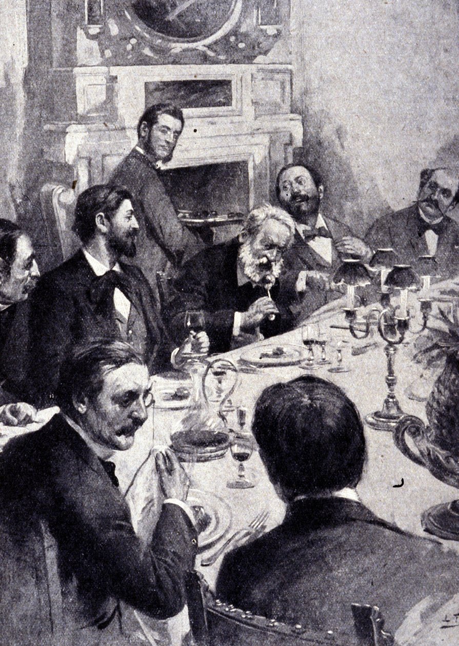 Spise ved bordet av Victor Hugo med Jean Mounet Sully (Mounet-Sully) (1841 - 1916), fransk skuespiller. Gravering av 1800-tallet. av Unknown artist