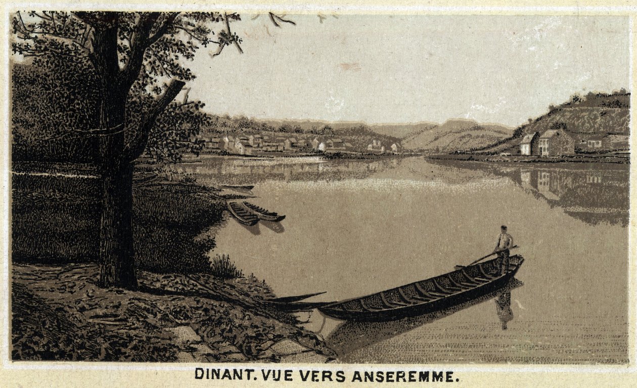 Dinner, view towards Anseremme, and river Lesse, Walloon Region of Belgium. Chromolithography of the late 19th century. av Unknown artist
