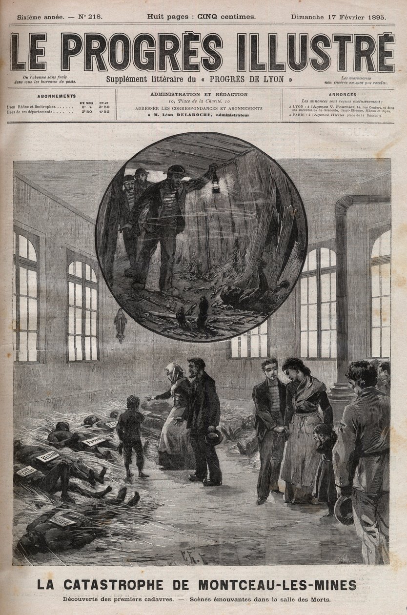 Katastrofe av brønnen Sainte Eugenie eller katastrofe i Montceau les Mines (Montceau-les-Mines) i Burgund i 1895 - gravering i "Le Progres illustrious"" fra 1895 av Unknown artist
