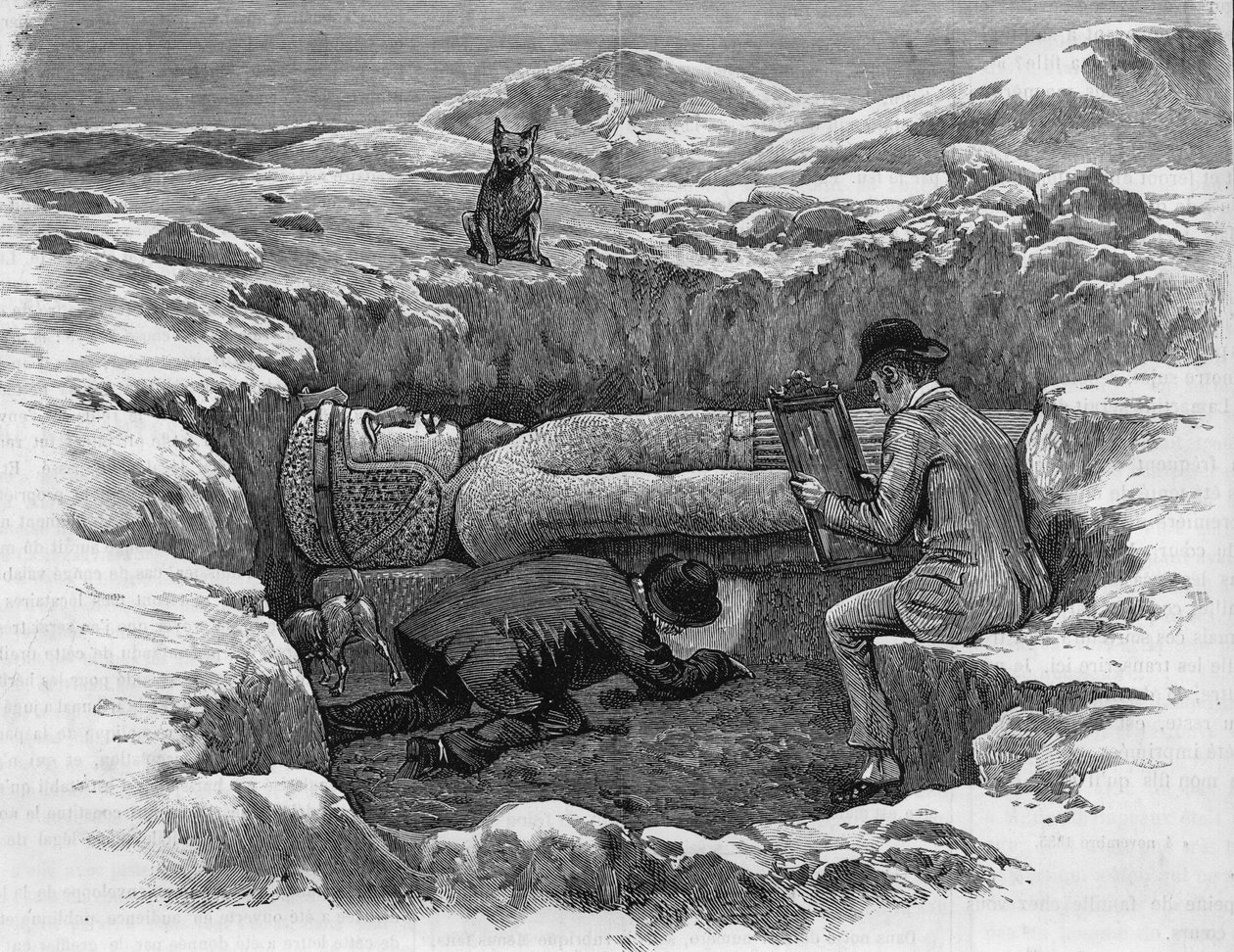 Discovered the colossal statue of Rhamses II. Hieroglyphs are calculated using a mirror reflection. Engraving from 1886. av Unknown artist