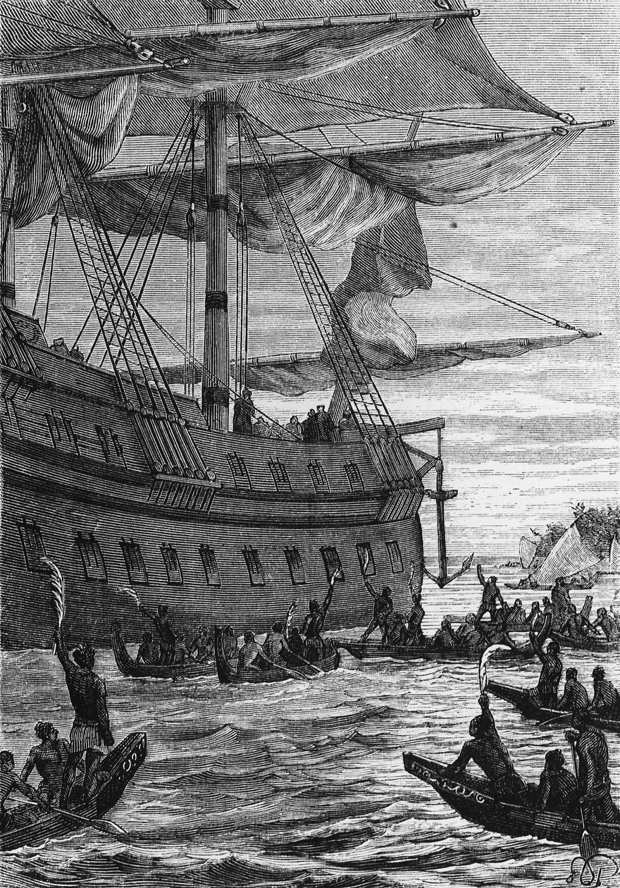 Discovery des Indes: reise til Wallis i Stillehavet; Innfødte skal møte Colons - i "" Les Voyageurs du 18eme et 19eme ecle", av Jules Verne, red. Hetzel et Cie, Paris. av Unknown artist