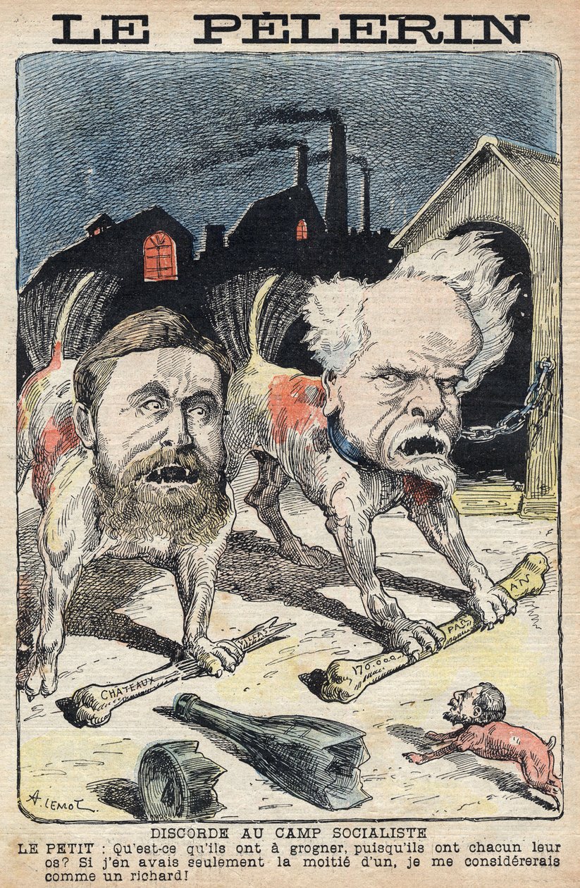 Tvister mellom sosialistene Jean Jaures (1859-1914) (til venstre) og Henri Rochefort (1831-1913) (til høyre). Illustrasjon i "" Le Pelerin"" av 19. juni 1898. av Unknown artist