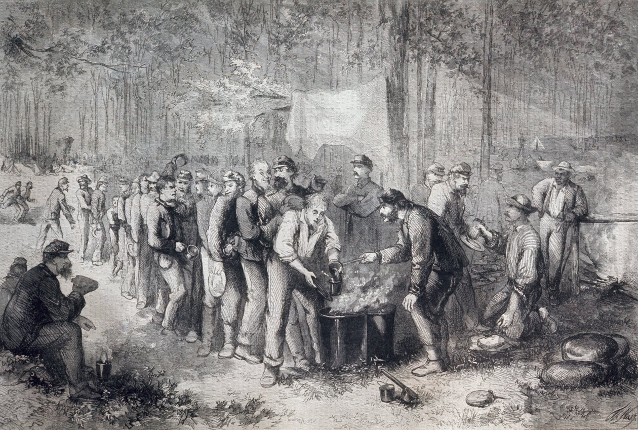Fordeling av rasjoner til nordamerikansk militærenhet, USA, amerikansk borgerkrig, gravering av Unknown artist