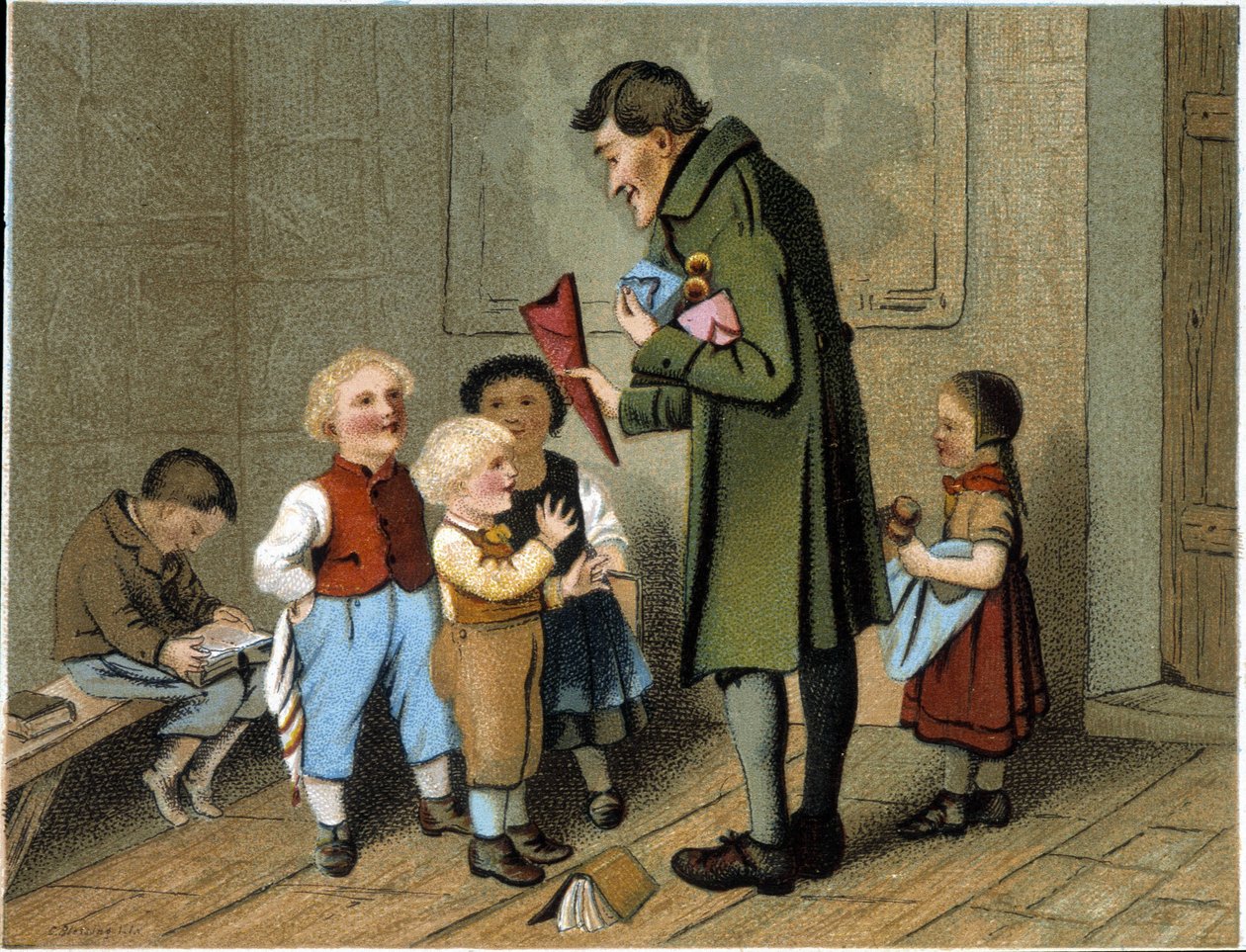 Utdeling av priser på skolen - kromolitografi, slutten av 1800-tallet av Unknown artist
