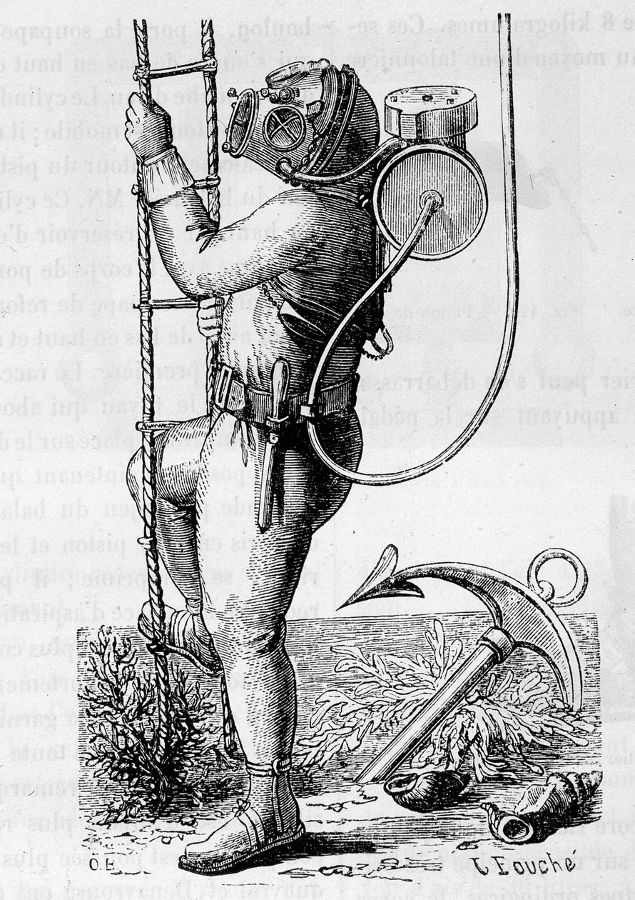 Dykker belagt med gummiklær og regulatortank - i "" The wonders of science", av Louis Figuier av Unknown artist