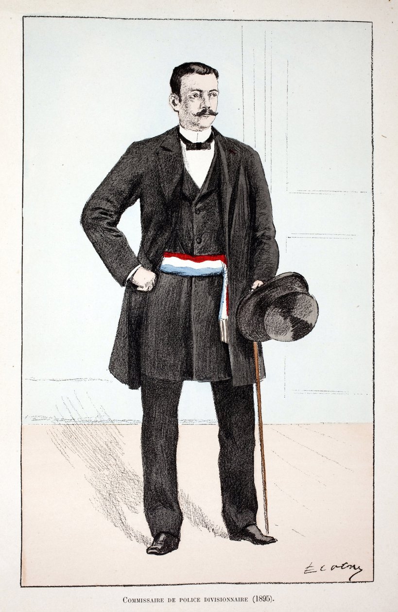 Avdelingspolitikommissær (1896). Etsning i farger, for illustrasjon "" History of the corps of peacekeepers""" bok utgitt i regi av Louis Lepine (1846-1933) prefekt for politiet på Seinen, av Alfred Rey (1864-?) og Louis Iron av Unknown artist