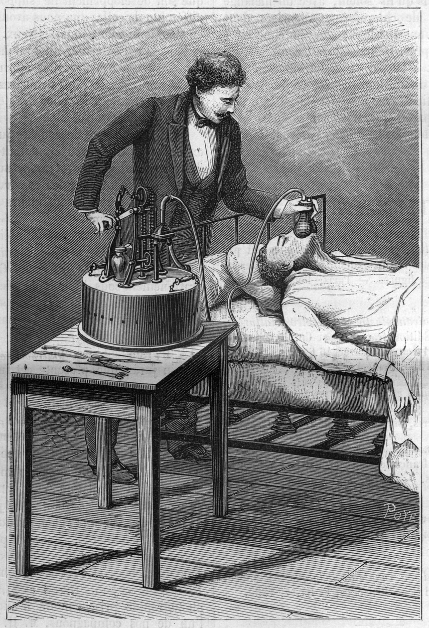 Doktor Dubois apparat for anestesi med tittelblandinger av kloroform og luft (metoden til Paul Bert). Gravering fra 1885. av Unknown artist