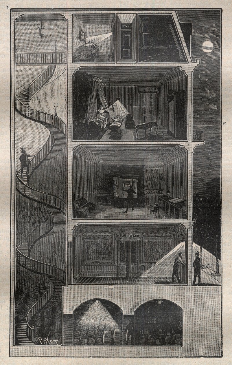 Domestic Electricite: Tverrsnitt av en bygning utstyrt med elektrisitet - Gravering fra "La Science francaise"" av Unknown artist