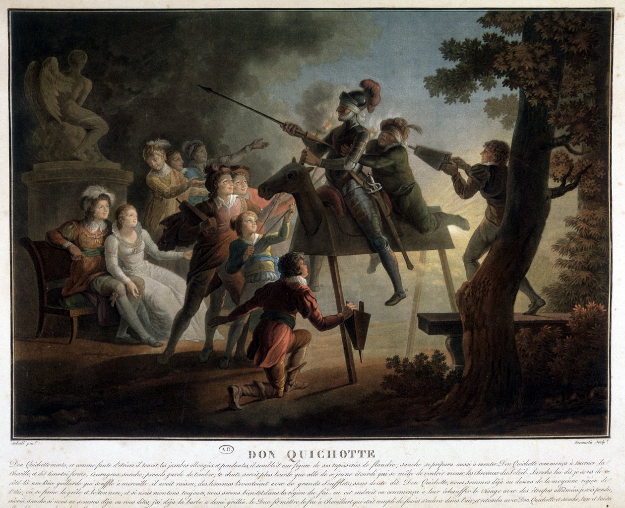 Don Quijote og Sancho på en trehest. av Unknown artist