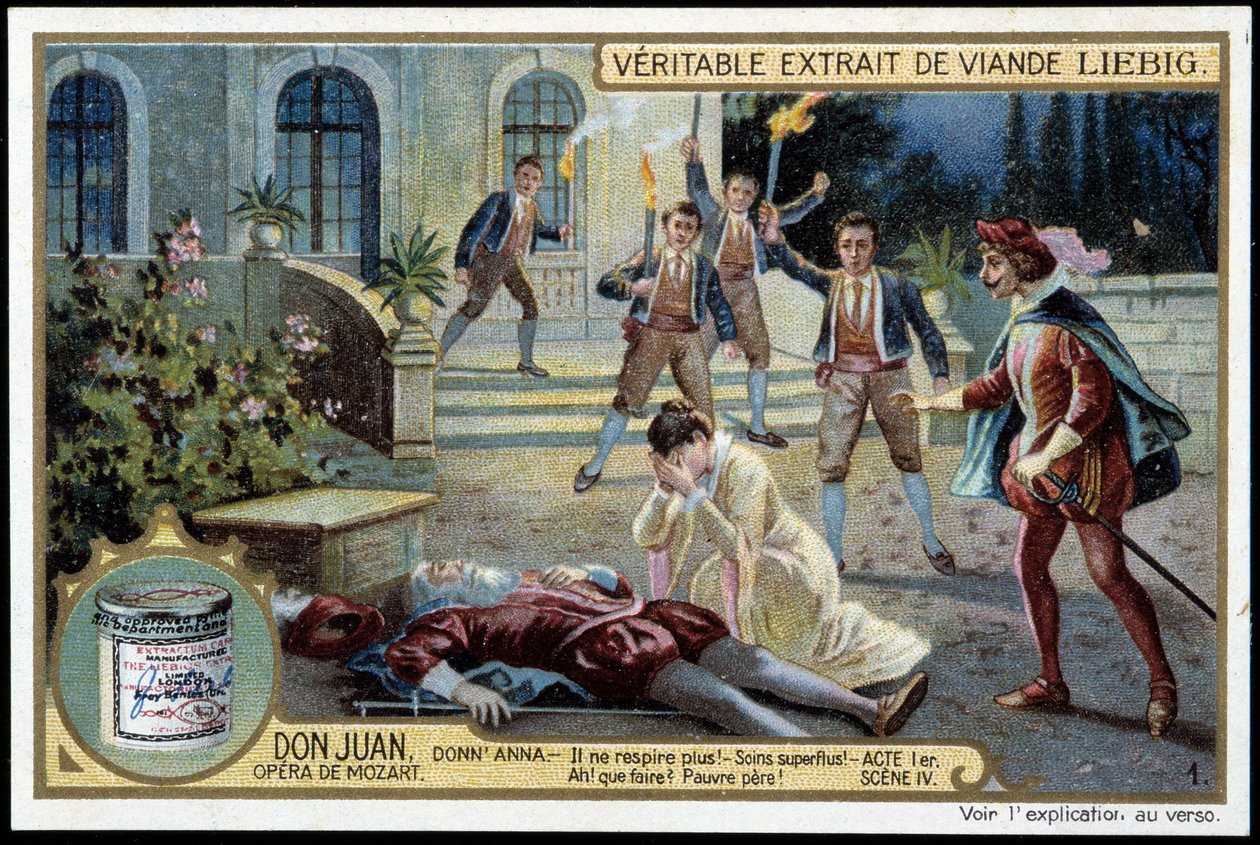 Donna Anna oppdager sin døde far - "" Han puster ikke lenger! Overflødig omsorg! Hva å gjøre? Stakkars far! - Akt I, scene 4 av Don Juan (Don Giovanni), opera av Mozart (1756-1791) - Liebig-kromolitografi av Unknown artist