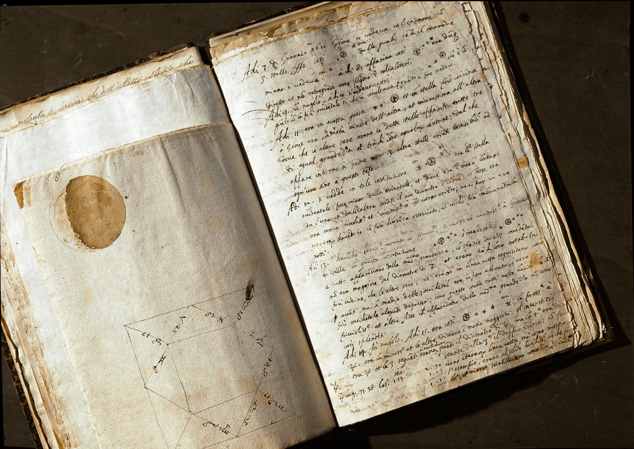 Dobbeltside av "" Medicea Sidera"" eller Pianeti Medicei (Planetes mediceennes), manuskript av den italienske astronomen og fysikeren Galileo Galilei dit Galilee (1564-1642) skrevet for Cosimo de Medicis (Cosimo II de 