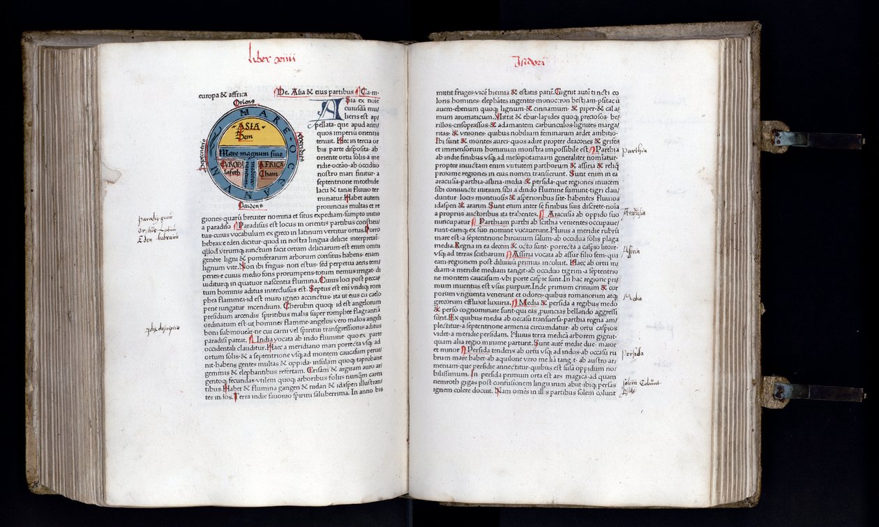 Dobbeltside med det skjematiske kartet over verden på T-O (TO) modellen, tre kontinenter er representert (Asia, Afrika og Europa). Manuskript "" Ethymologies"" (Etymologiae) av Isidorus (Isidore av sevilla) (560/570-636) 1100-tallet. 1472 av Unknown artist