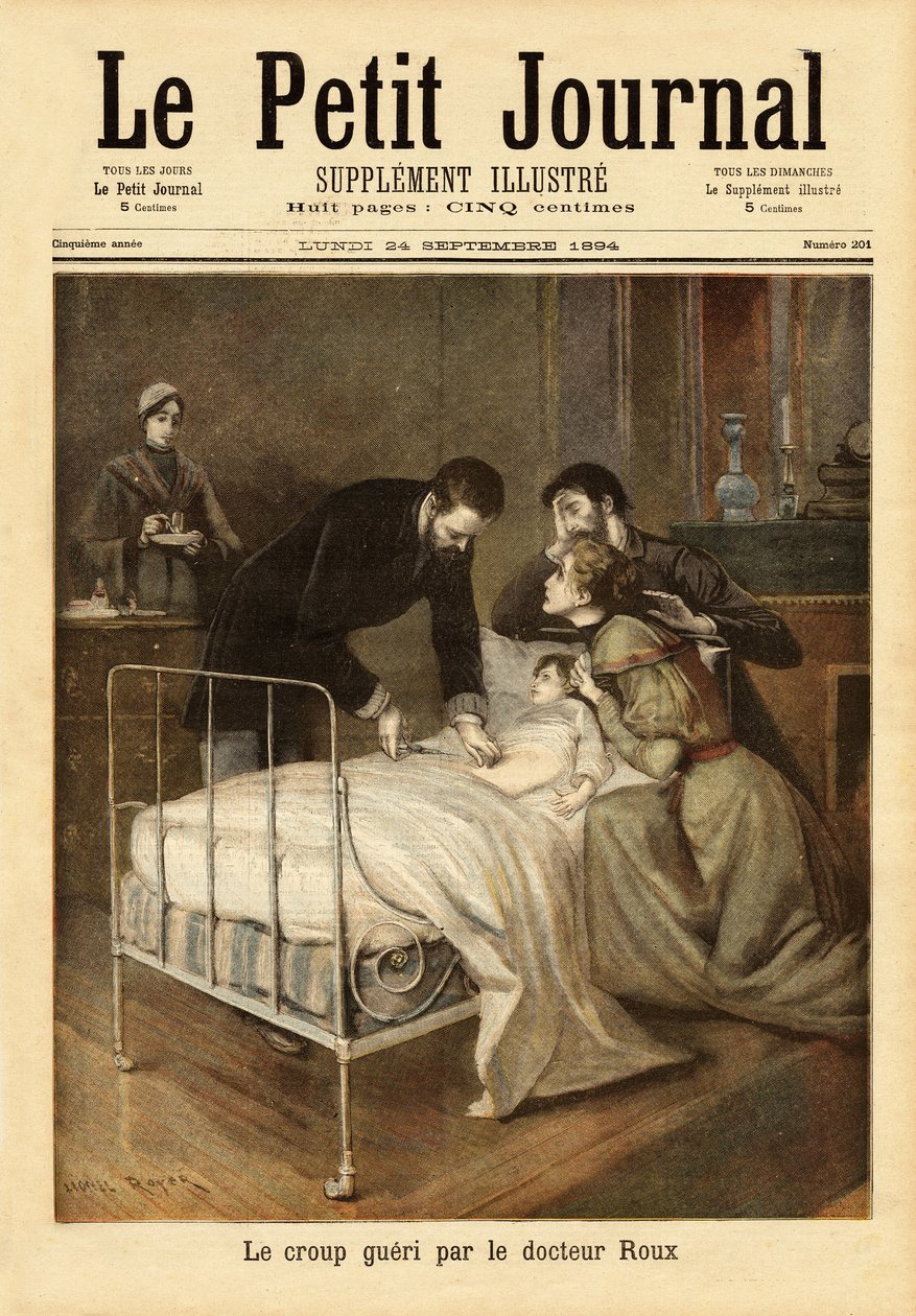 Dr. Emile Roux (1853-1933), en bakteriolog, samarbeidspartner av Louis Pasteur (1822-1895), som utviklet vaksinen mot croup (komplikasjon av meslinger hos barn). Gravering i "" Le petit journal"" 24.09.1894. Selvas samling. av Unknown artist
