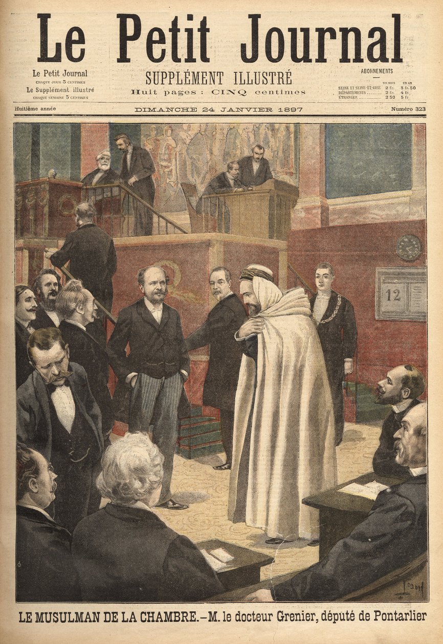 Dr. Grenier, en stedfortreder for Pontarlier, nylig konvertert til islam, skaper en skandale ved å gå til deputertrommet iført det arabiske kostymet. Gravering i “” Le petit journal”” 24/01/1897. Selva samling. av Unknown artist