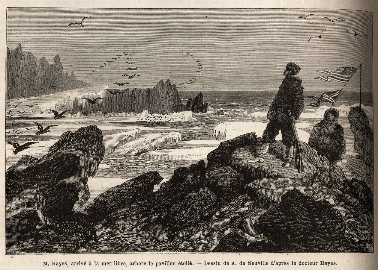 Dr. Hayes, ankommer det frie havet av den arktiske polen, formålet med ekspedisjonen hans, planter det amerikanske stjernebanneret. Gravering for å illustrere reisen til det frie havet på den arktiske polen, av doktor Hayes, kirurg ved den amerikanske mari av Unknown artist