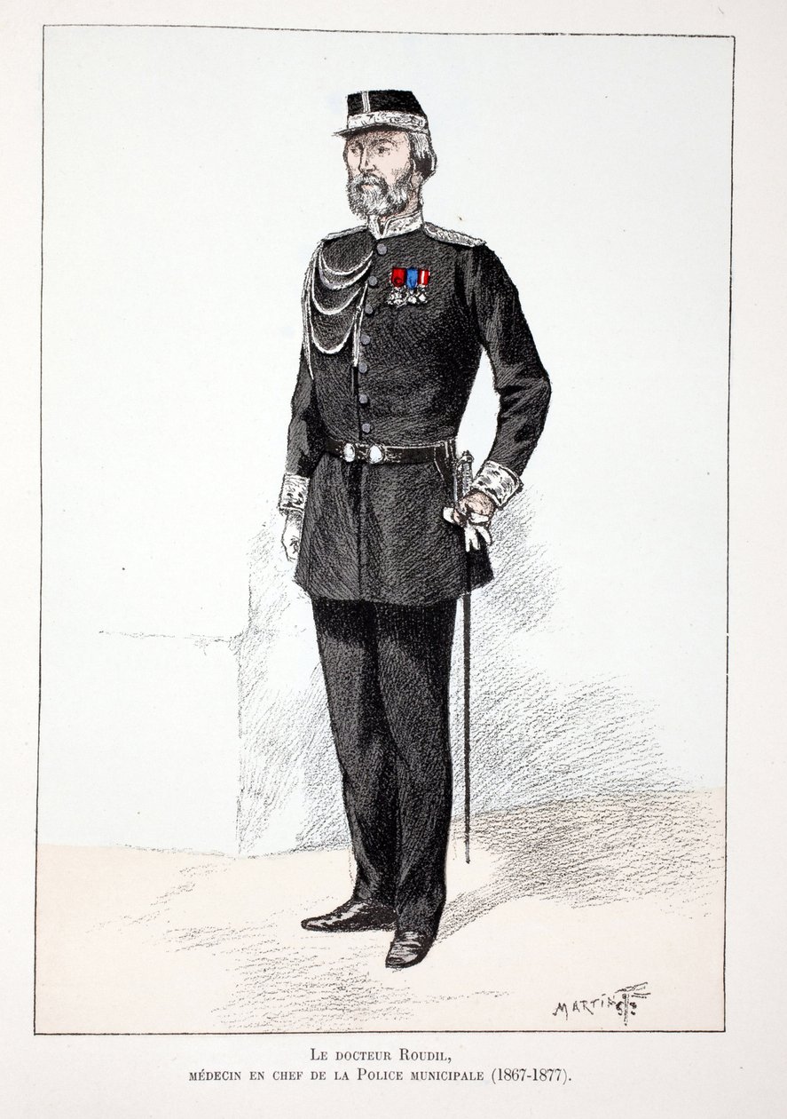 Dr. Roudil, overlege i kommunepolitiet (1867-1877). Etsning i farger, til illustrasjon "History of the Corps of Peacekeepers""" bok utgitt i regi av Louis Lepine (1846-1933), prefekt for politiet på Seinen, av A av Unknown artist