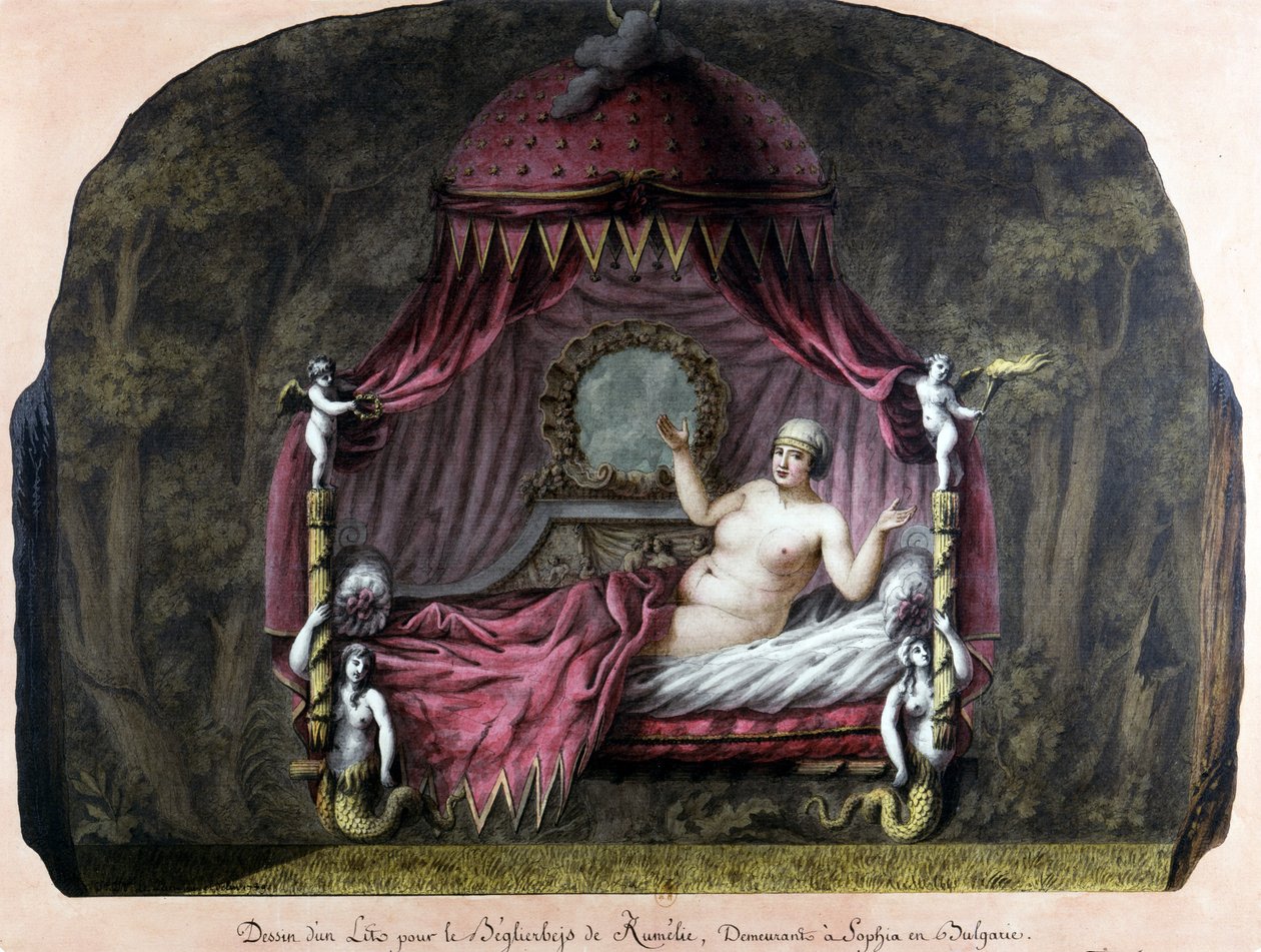 Tegning av en seng for bey di Roumelie, bosatt i Sophia, Bulgaria. En naken kvinne inviterer henne til å bli med henne. J. J. Lepreu. av Unknown artist