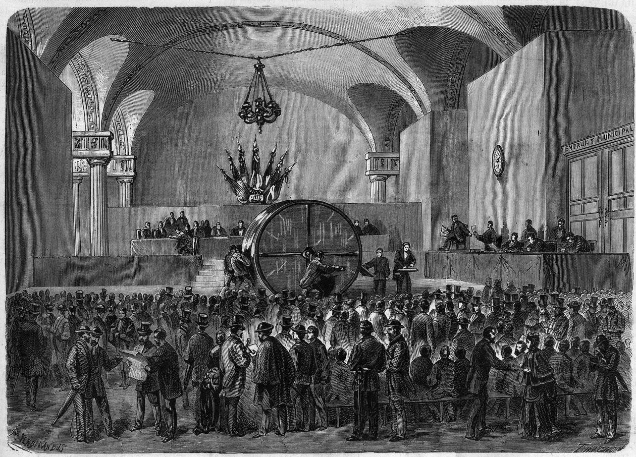Trekning av lodd om obligasjoner som skal tilbakebetales tilhørende de to lånene som ble inngått av byen Paris i 1855 og 1866. Hotel de Ville de Paris, 2. februar av Unknown artist