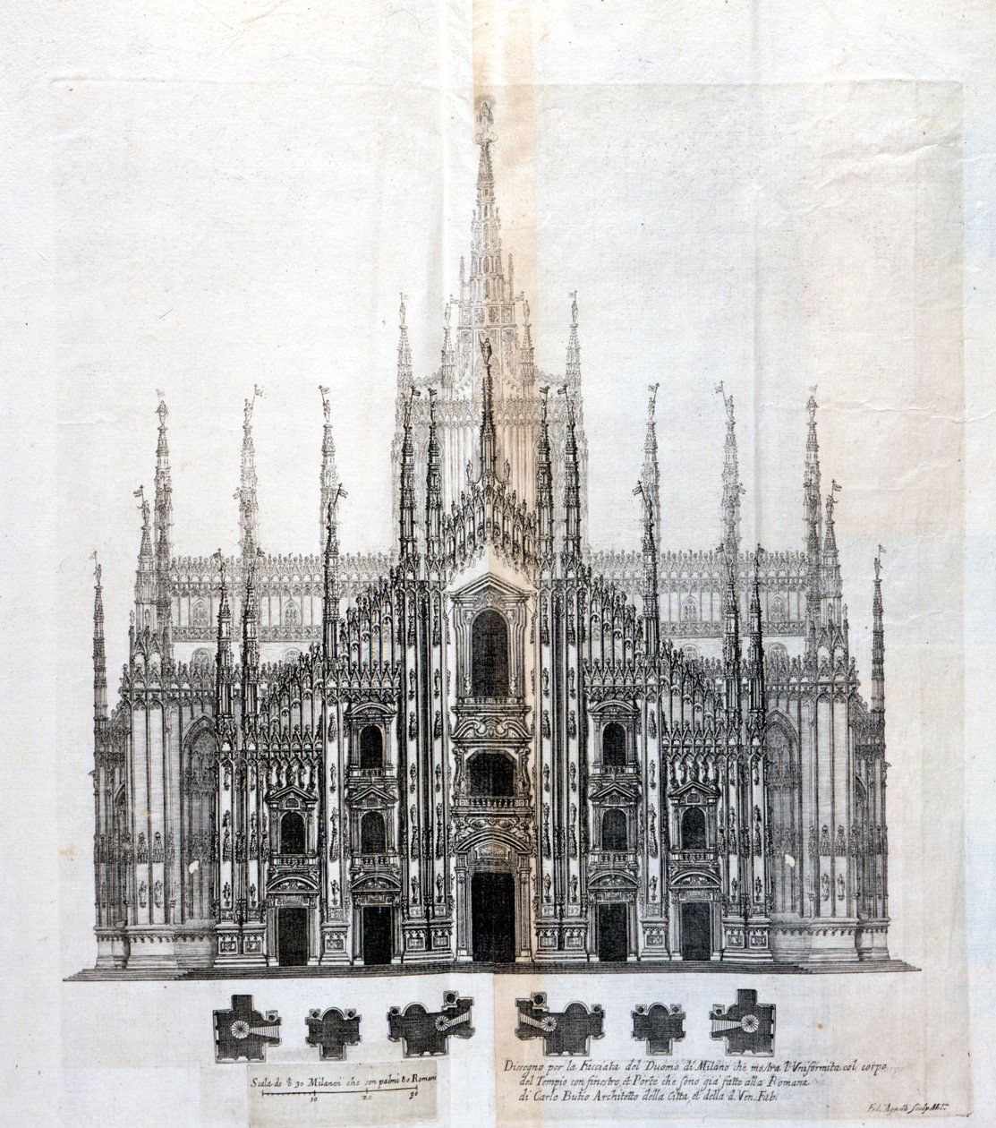 Tegning av fasaden til Duomo of Milano som viser dens enhetlighet med bygningens kropp. Mange arkitektoniske prosjekter ble designet rundt 1600-tallet for å fullføre fasaden som hadde forblitt uferdig. av Unknown artist