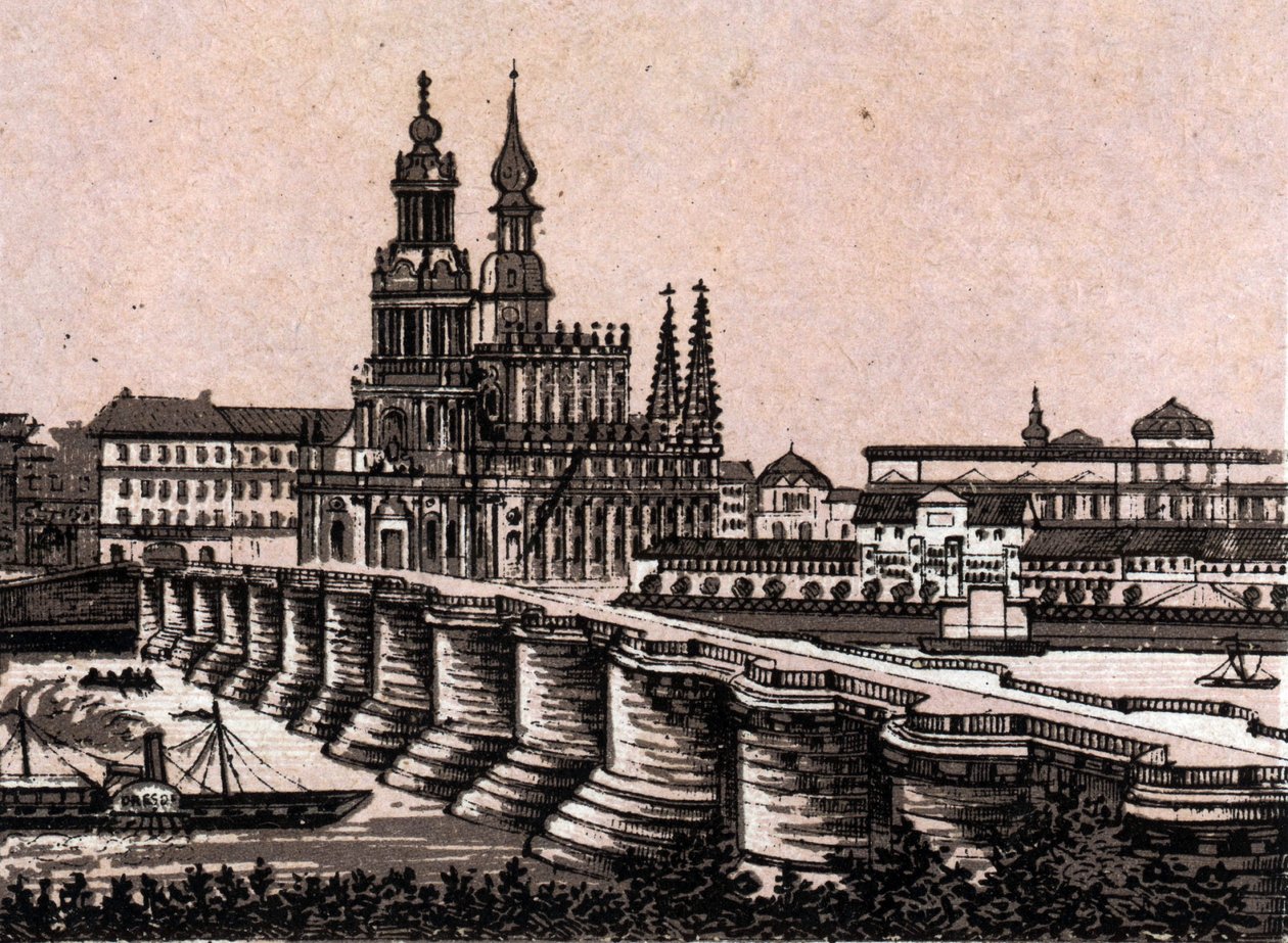 Dresden, Tyskland: utsikt over Augustus-broen i Dresden. i "" Verden illustrerer 168 visninger"" Udatert (slutten av 1800-tallet) av Unknown artist