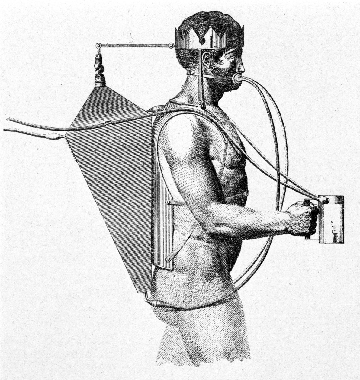 Driebergs scaphandre-prosjekt fra 1802, kjent som triton. Luften kommer rett inn i munnen til mannen. av Unknown artist