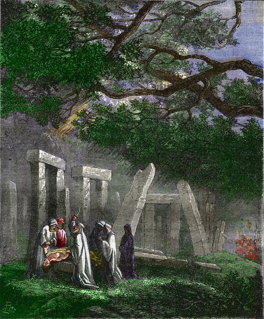 Druider som praktiserer et menneskeofring ved Stonehenge stoppet av romerske soldater - Menneskeofring av druidene en Stonehenge stopper ved de romerske soldatene under ritualet - Fargegravering fra 1800-tallet av Unknown artist