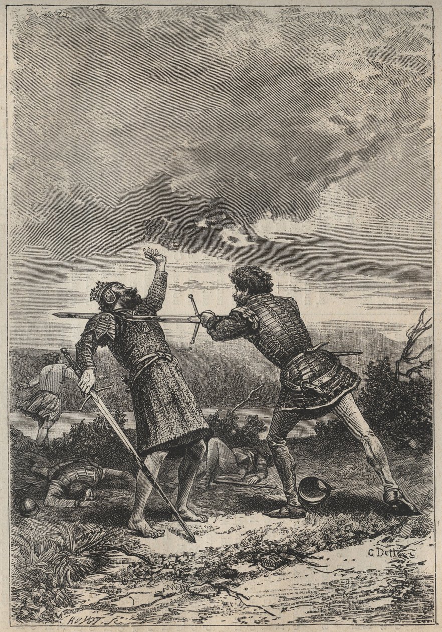 Duel and death of Oak Torquil - 1800-tallsillustrasjon for den historiske romanen "The Pretty Girl of Perth or Valentine