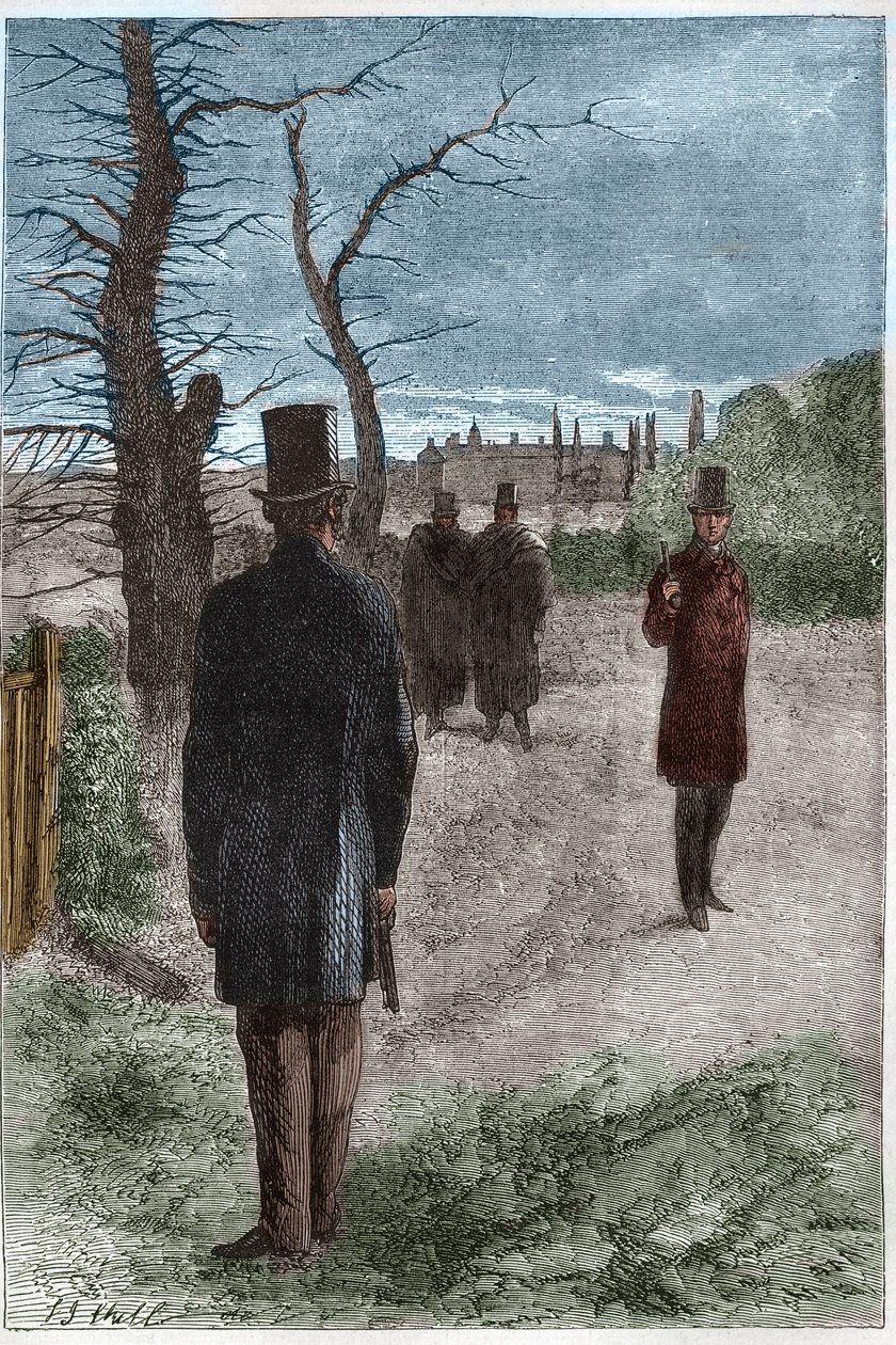 Duell mellom George William Finch-Hatton (Finch Hatton), jarl av Winchilsea (1791-1858) og Arthur Wellesley, hertug av Wellington (1769-1852) på Battersea Fields, 21. mars 1829 av Unknown artist