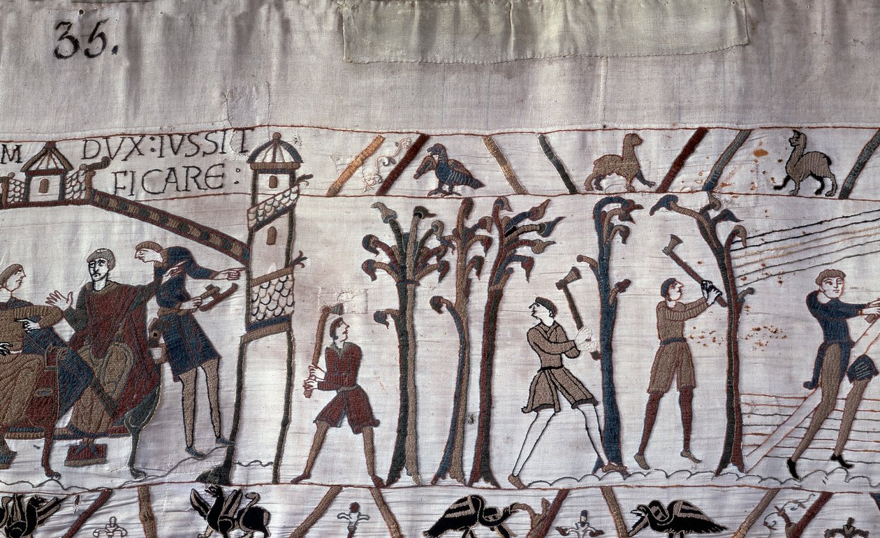 Hertug Guillaume beordret bygging av skip, trær ble hugget ned - Bayeux-teppe, kjent som Broderi av Dronning Mathilde av Unknown artist