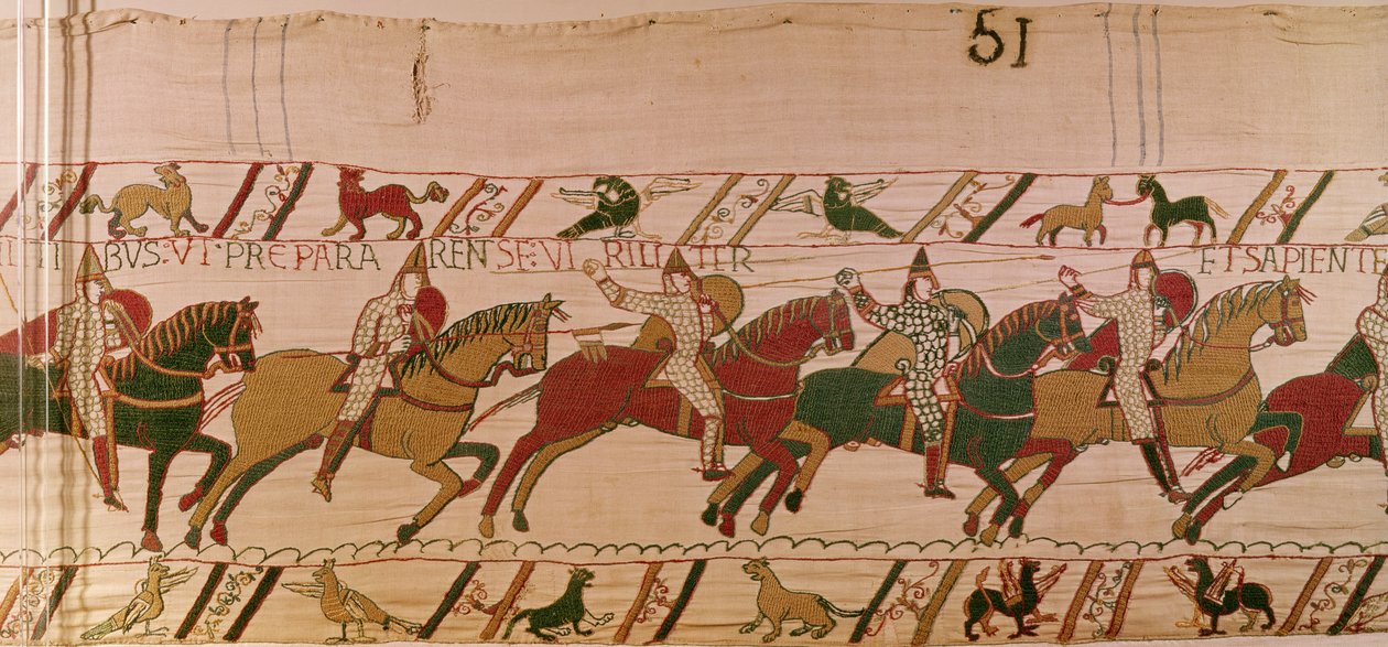 Hertug William oppfordrer troppene sine til å forberede seg klokt som menn til kampen mot den engelske hæren, Bayeux-teppe (ullbroderi på lin) av Unknown artist