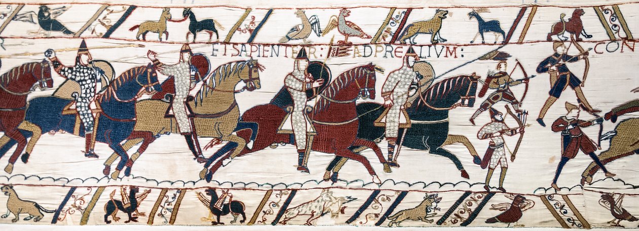 Hertug William oppfordrer troppene sine til å forberede seg på kampen mot den engelske hæren, Bayeux Tapestry (ullbroderi på lin) av Unknown artist