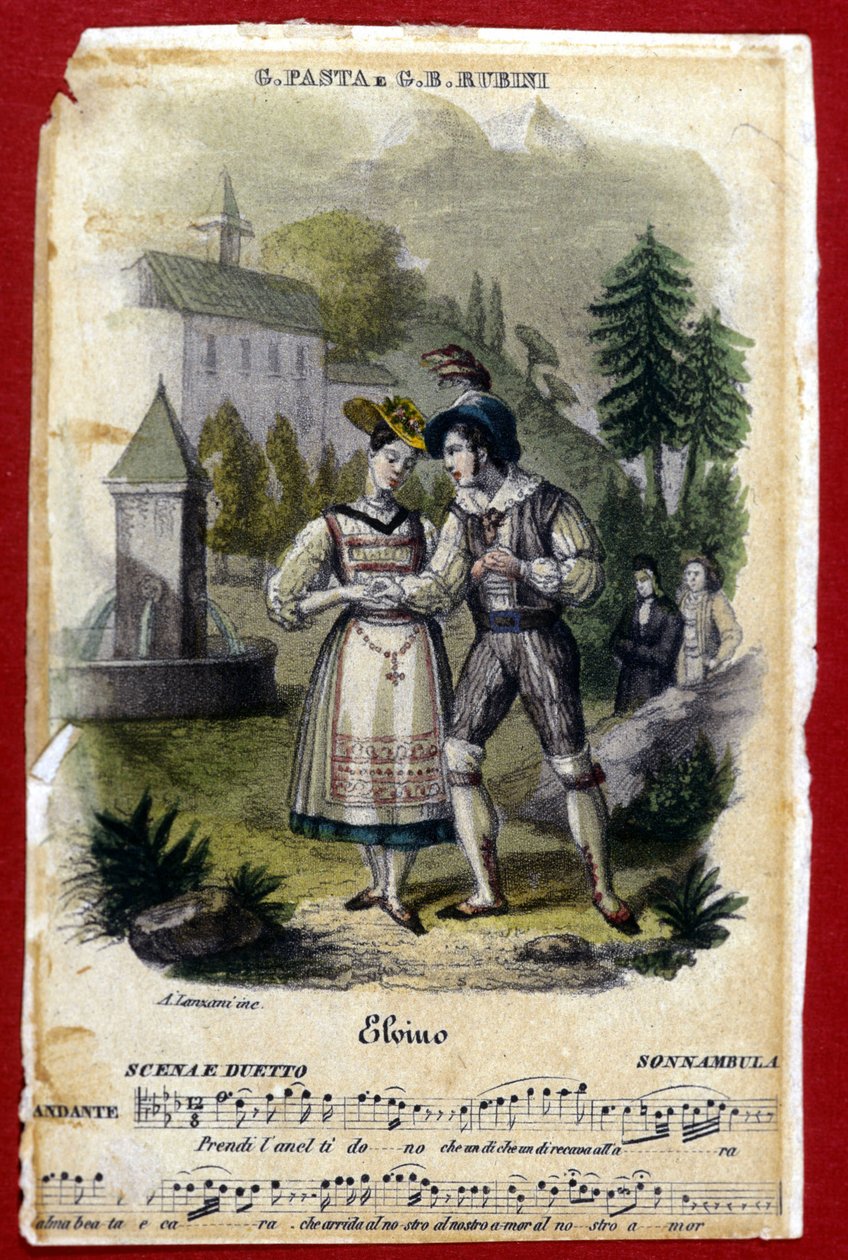 Duo mellom Giuditta Pasta og Gian Battista Rubini i operaen «La somnambule» («La Sonnambula») av Vincenzo Bellini. Teateret i Carcano i Milano. 1831. av Unknown artist
