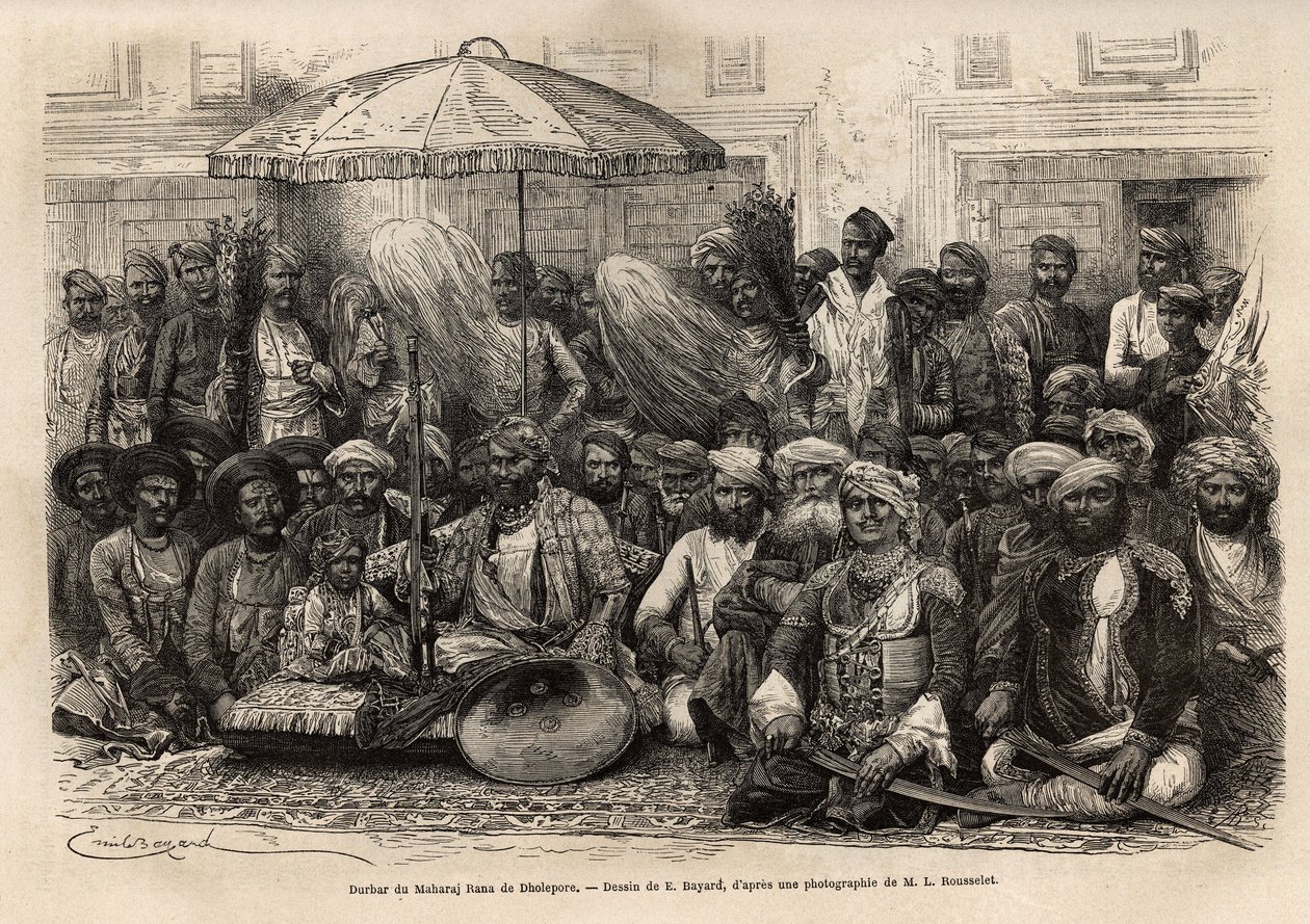 Durbar (feodalt og juridisk råd i en fyrstelig stat) av Maharaja Rana, fra kongeriket Dholepore (Rajasthan). Engravure pour illustrrer l'Inde des Rajahs, av Louis Rousselet, i 1864-1868, utgitt i "" Le tour du monde""" 1872, re av Unknown artist