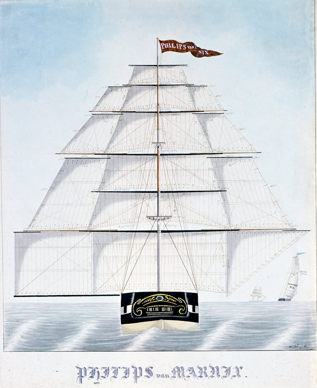 Den nederlandske klipperen Philip van Marnix utstyrer mersalg Illustrasjon av W. Naujoks. 1800-tallet av Unknown artist