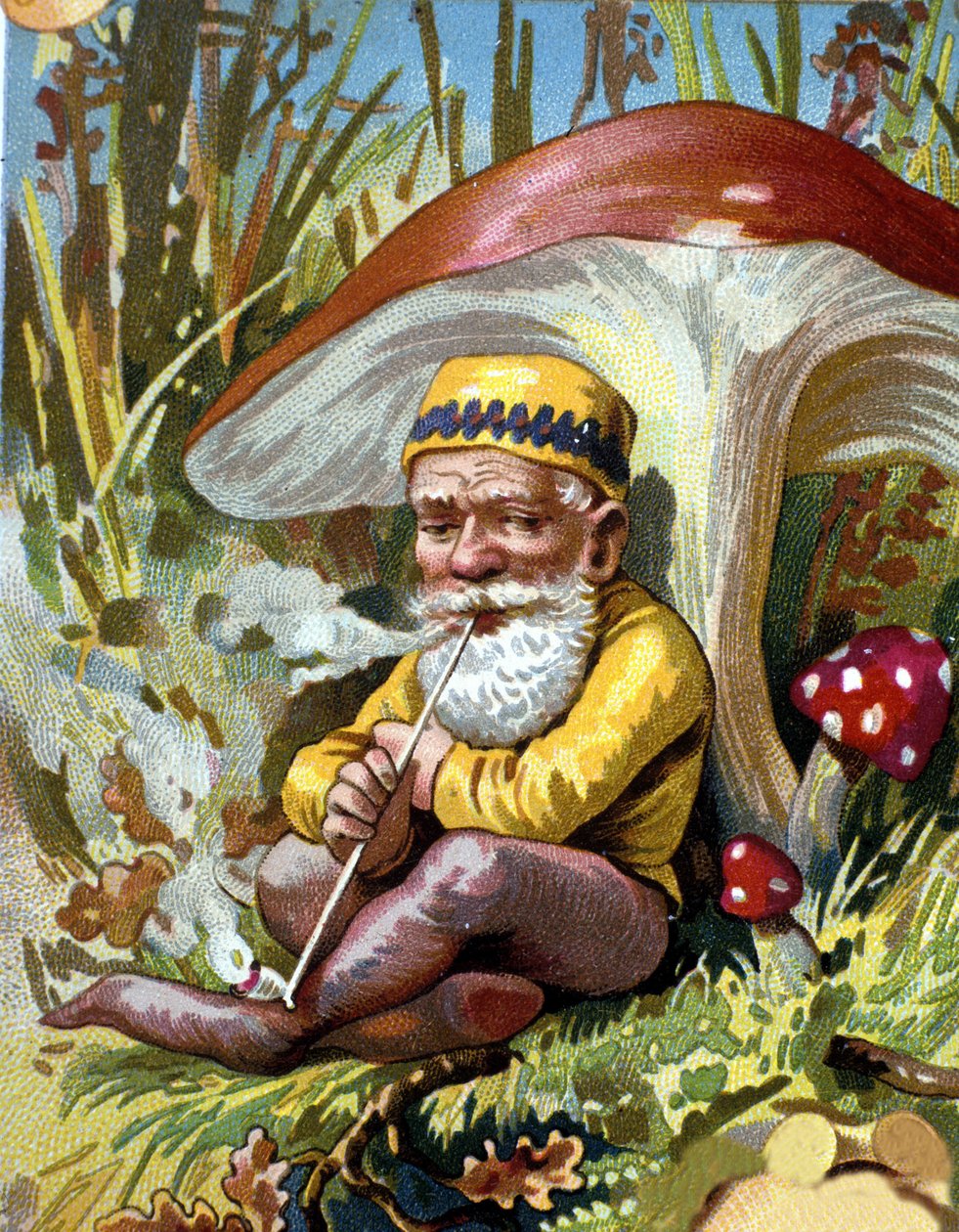 Dverg eller farfadet røyker pipe. 1800-talls kromolitografi. av Unknown artist