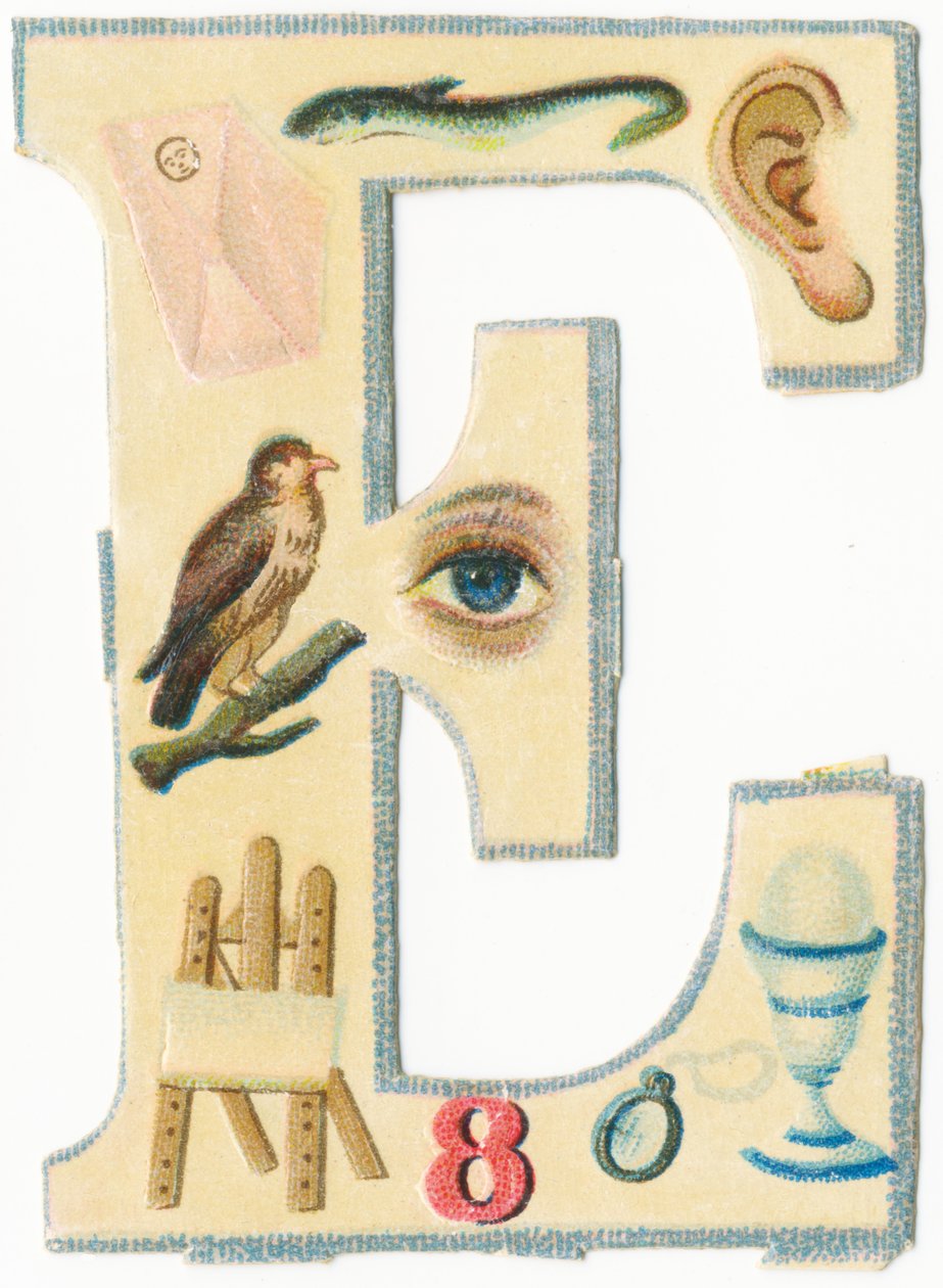 E: konvolutt, ål, øre, ørn, øye, staffeli, åtte, brille, egg (farge litho) av Unknown artist